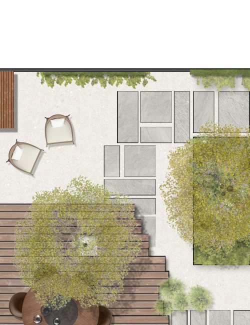 De loungeplek in het halfverharde deel van de tuin maakt in de toekomst plaats voor een plek voor de hottub.